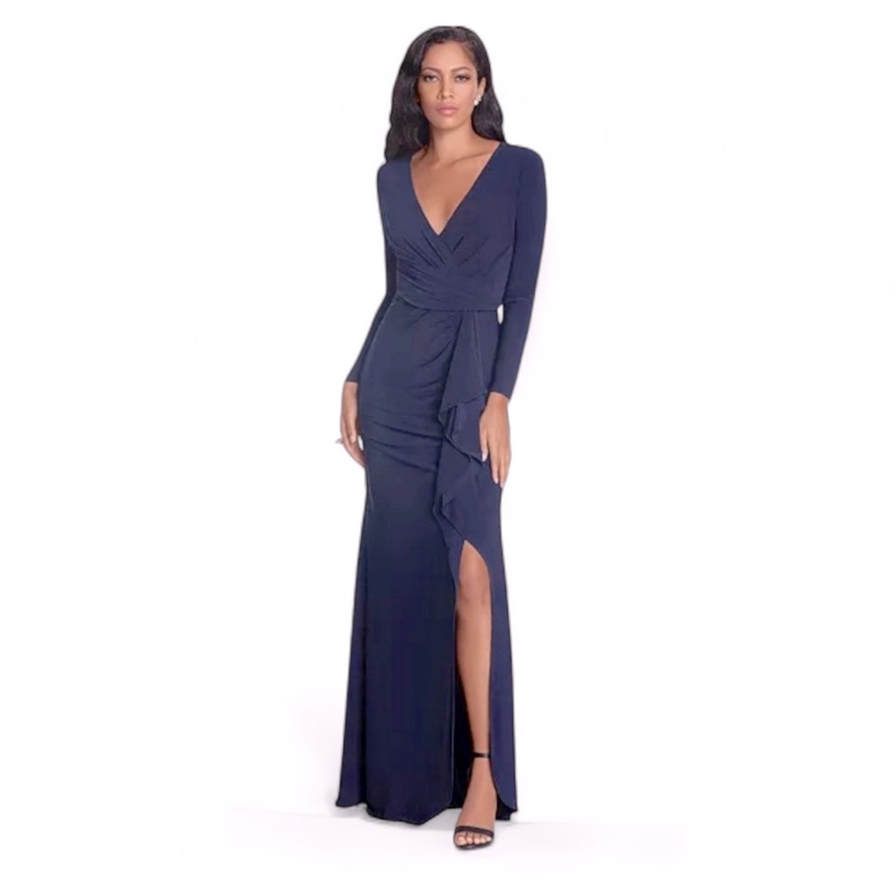Betsy & Adam Women's Long-Sleeve Cascading-Ruffle Gown - Navy
